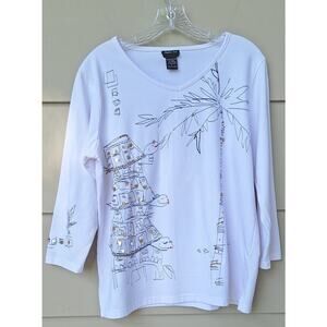 Morgan Cole Turtles and Palm Tree Sequin Beads 3/4 Sleeve White T shirt M Cotton